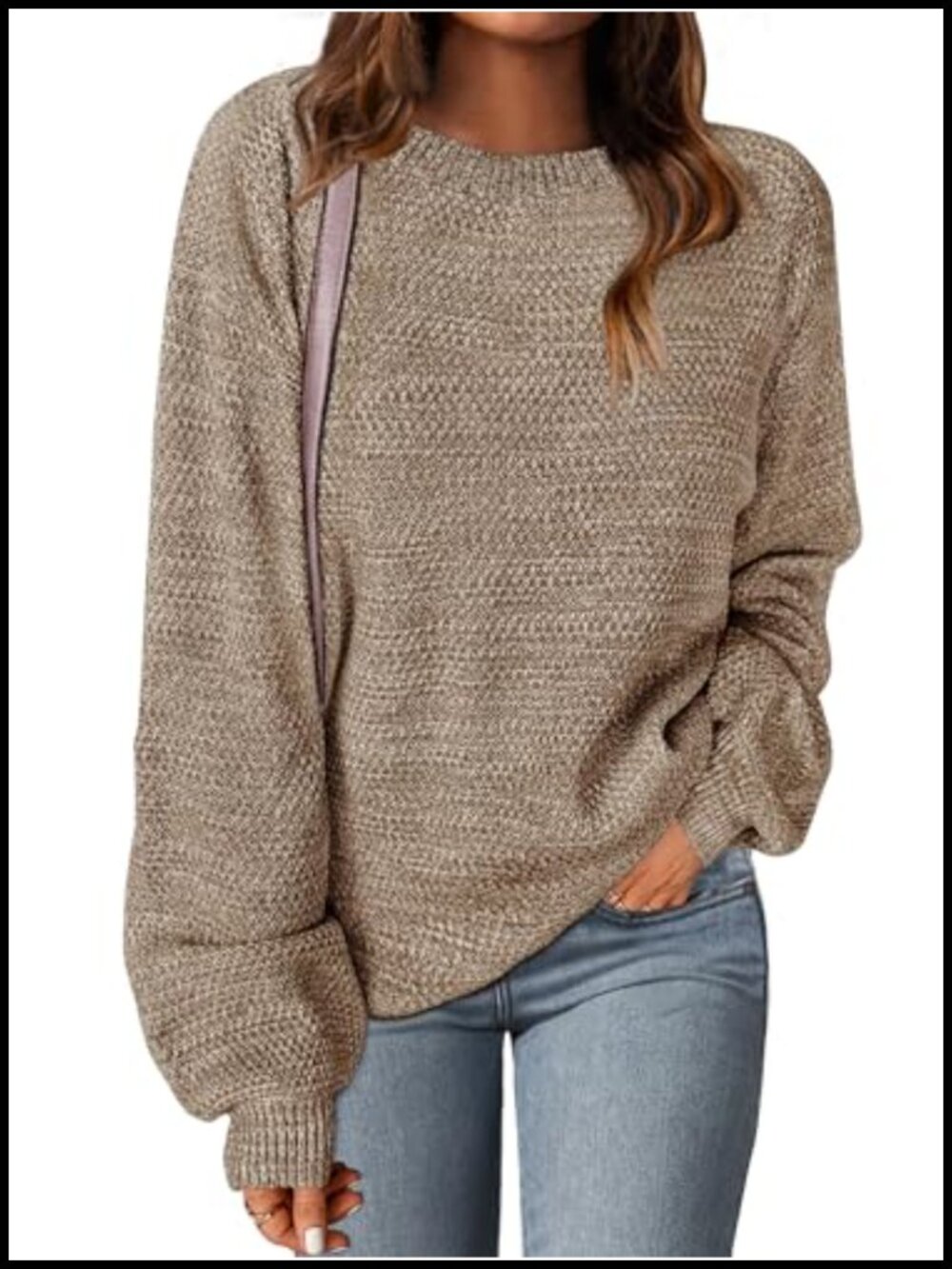 Cozy Heathered Knit Loose Pullover Sweater, Long Lantern Sleeve, Round Neck,
